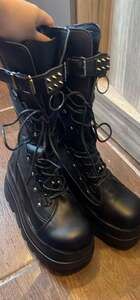 Gothic Punk Platform Mid-Calf Boots with Chunky Wedge Heel and Lace-Up Closure